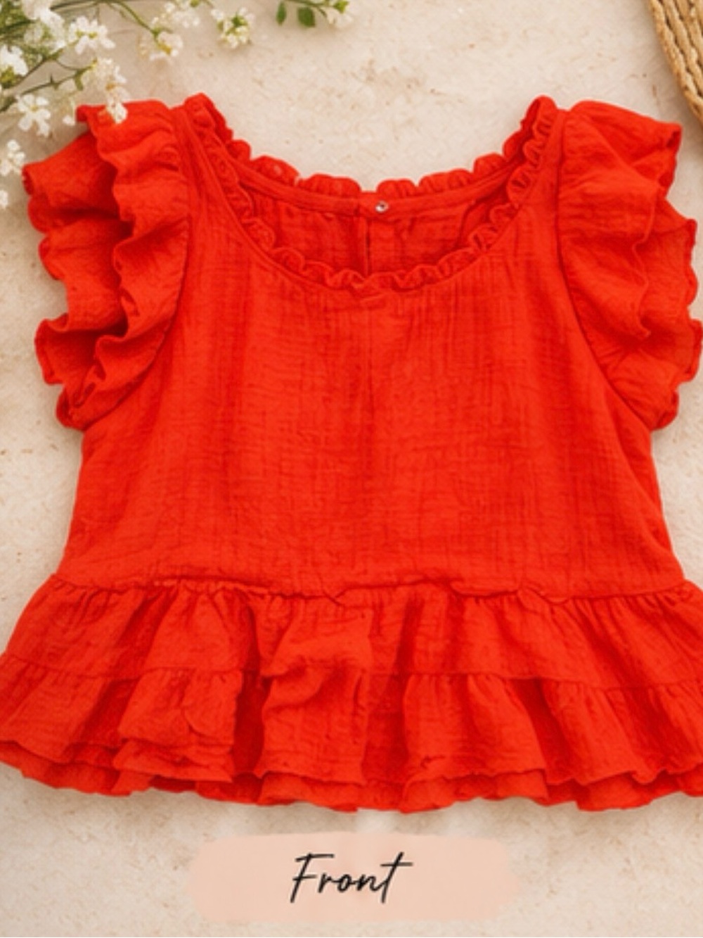 Maeve Red Ruffle Sleeve Peplum Top Size Small